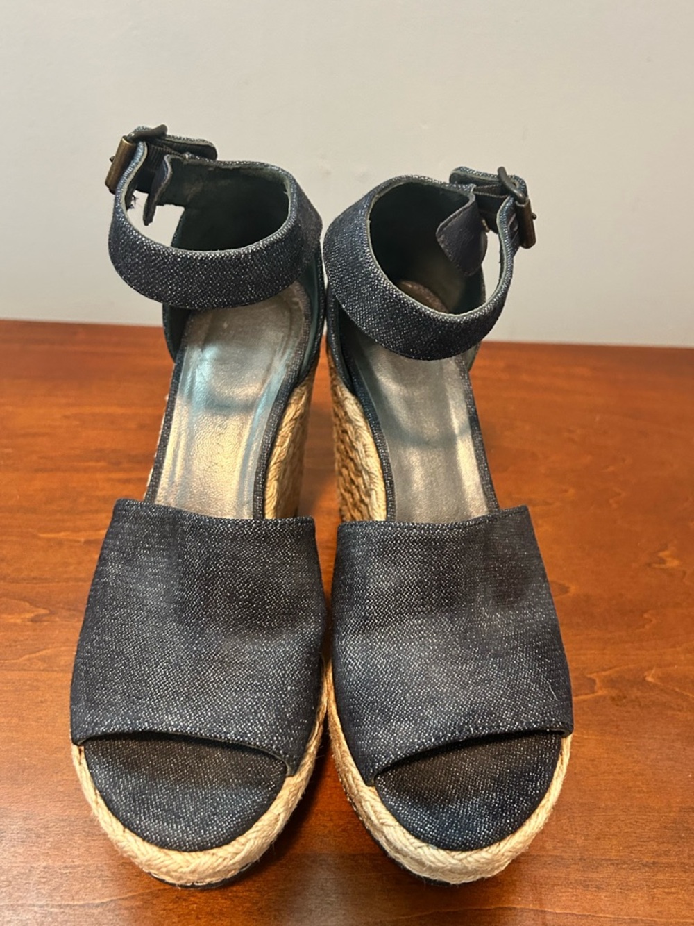 Stuart Weitzman Sohojute Dark Denim Espadrille Ankle-Strap Wedge Sandals - Picture 7 of 15